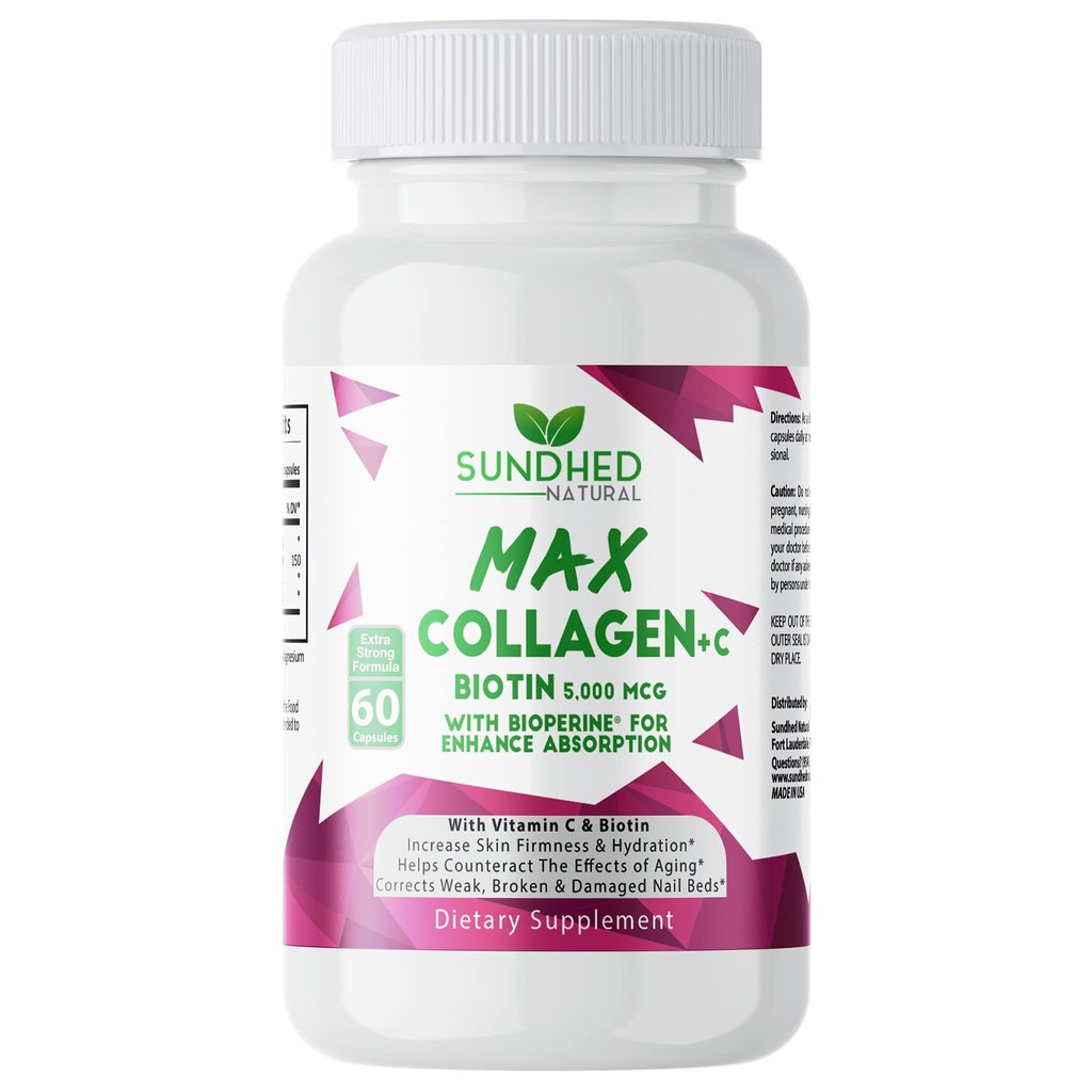 Max Collagen Plus C (60 caps) - Všechny přírodní kolagen Kapsle s Biotin & Bioperin zvýšit proti stárnutí Hydration & Skin Firmness - Kolagen pilulky na posílení kostí a nehtů
