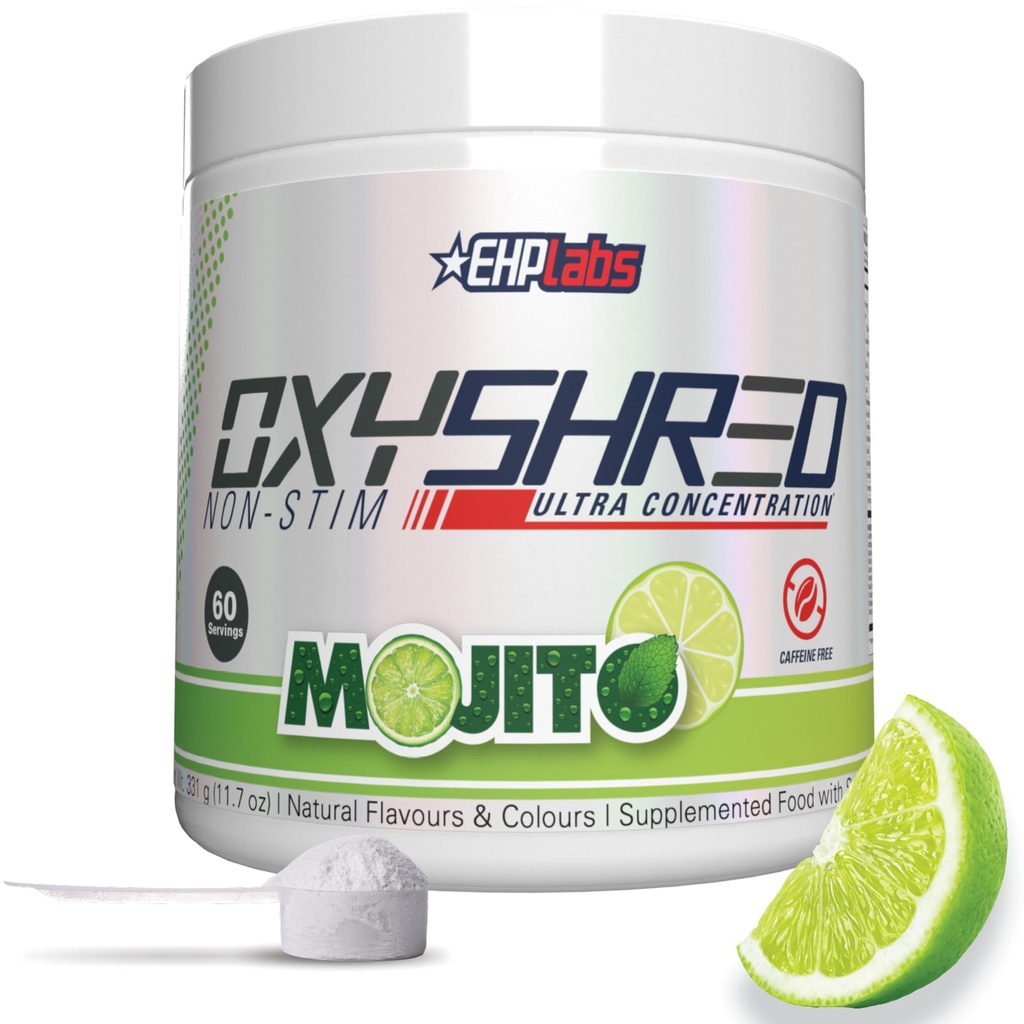 EHP Labs OxyShred Non Stimulant Pre Workout Powder - Stim Free Pre Workout, Kofein Free Preworking pro muže a ženy - Non Stim Preworking - Sugar Free Energy Powder - Mojito, 60 Služeb