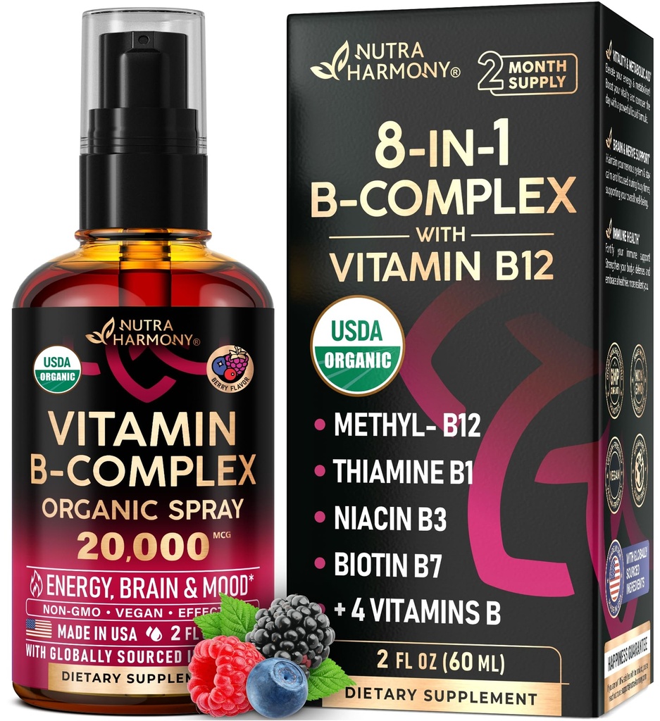 USDA Organic Vitamin B- Complex Liquid Spray 8- in-1 - B5 Pantothenic Acid Acid Acid 124; B12 Methylkobalamin Acid 124; B1 Thiamin Acid 124; B6 Pyridoxin Acid 124; B7 Biotin Acid 124; B9 Folic Acid 124; B3 Niacinamid - Vyrobeno v USA Dodatek, 2fl oz
