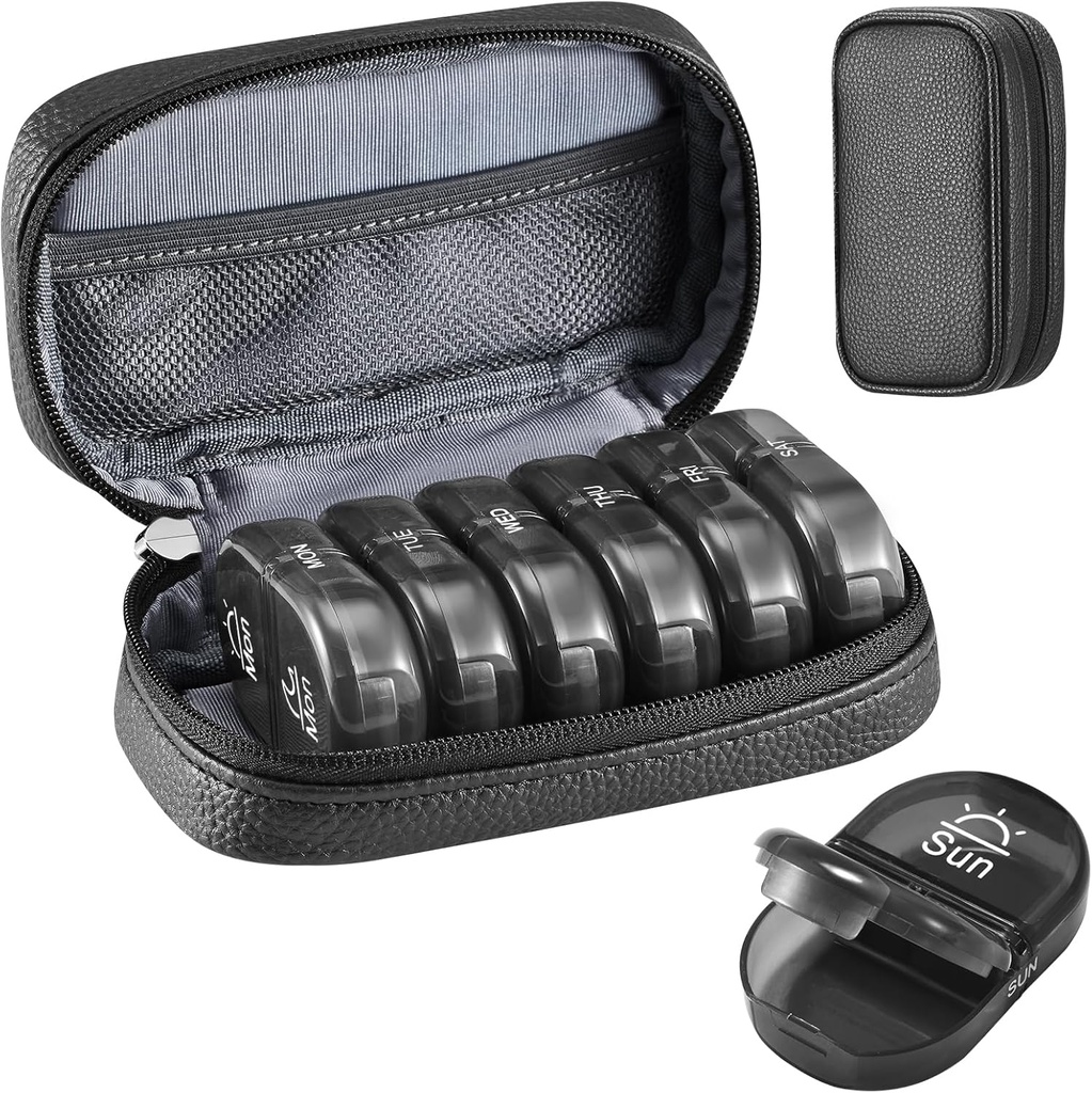 Serfeymi Týdenní Travel Pill Organizátor 2 Times A Day PM Upgraded Black Pill Box 7 Day with Portable Zipper PU kůže Pill Case, Pořadatel pro pilulky, Vitamíny, Rybí oleje - Black 01