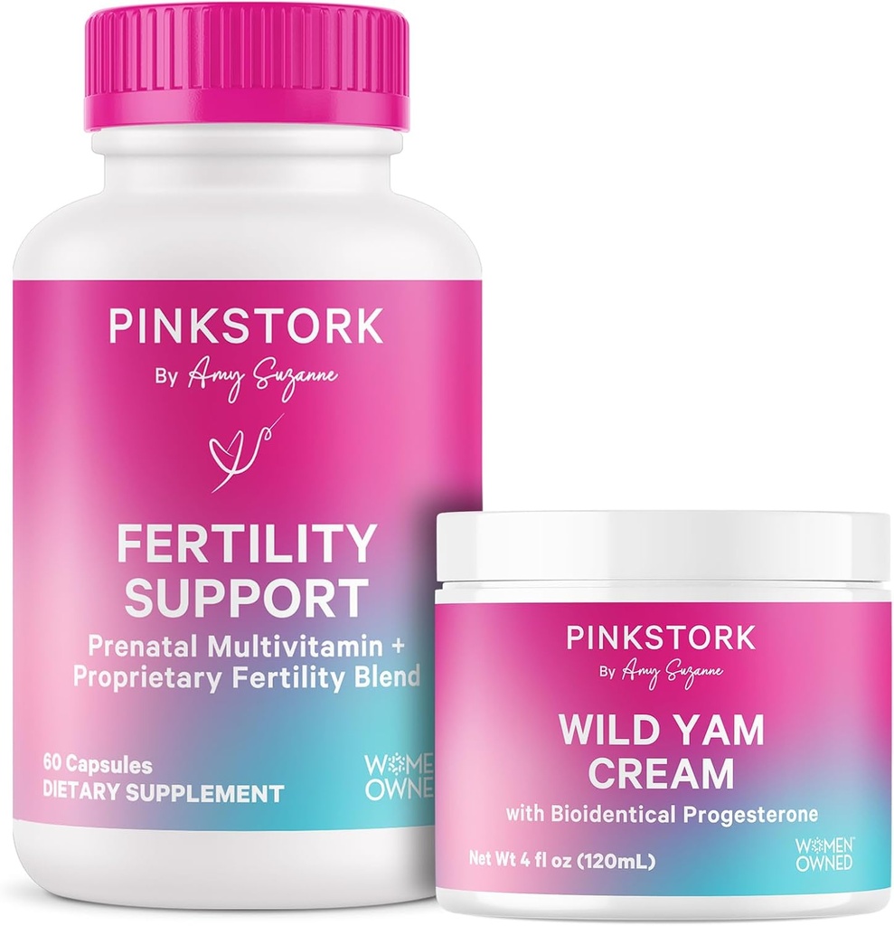 Pink Stork plodnost doplňky pro ženy a Wild Yam krém na podporu početí a hormonální rovnováhy, Inositol, Ashwagandha, Vitex, a Folate - Duo
