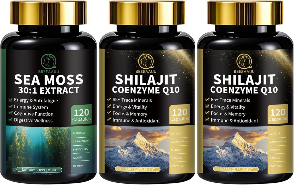 Sea Moss a Shilajit Kapsle pro muže a ženy, Vše v 1 Doplňky k Shilajit, Moss Moss, Coenzym Q10, Černé semeno, Ashwagandha, Burdock pro energii, Antioxidant a imunitní podpora