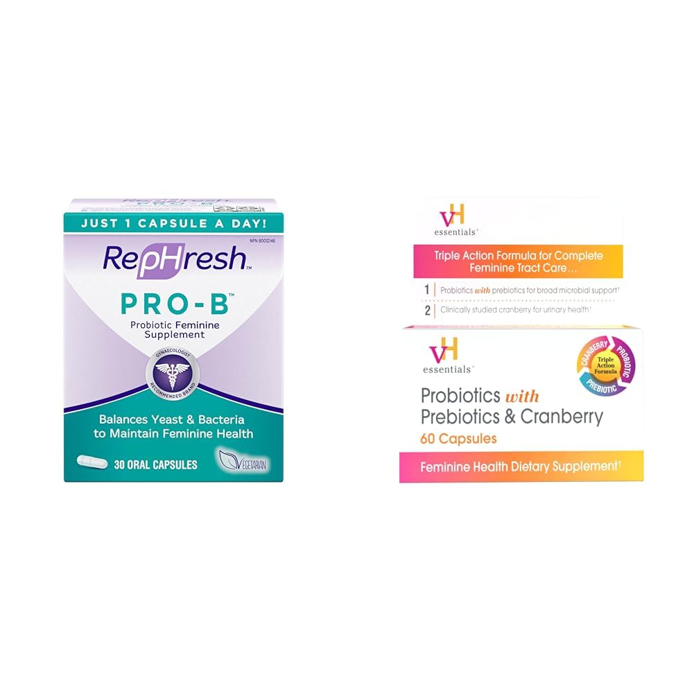 Rephresh Pro-B Probiotický dodatek pro ženy, 30 Perorální kapsle & vH Essentials Probiotika s prebiotika a brusinková feminin doplněk zdraví - 60 Kapsle