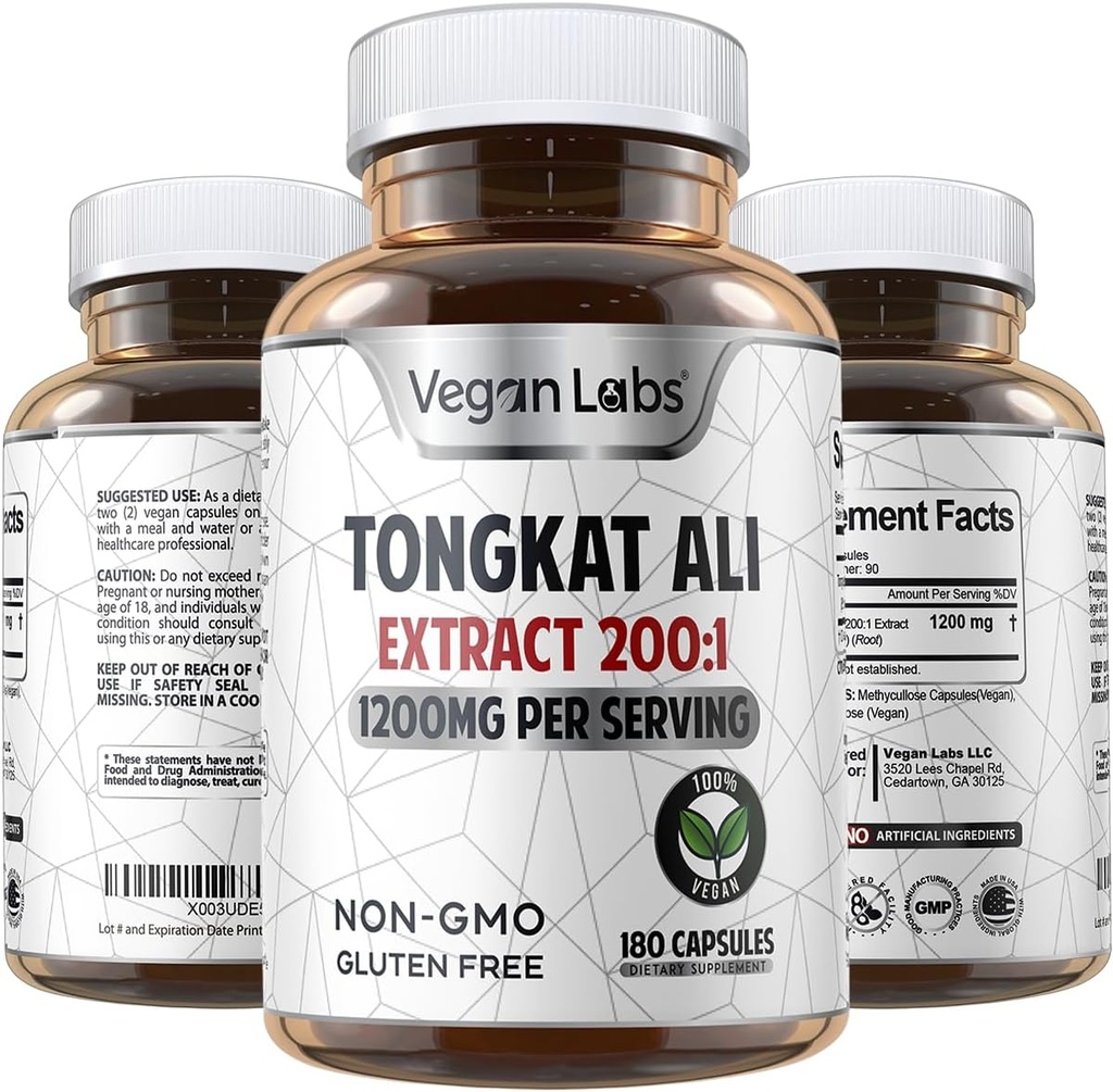 Vegan Labs Tongkat Ali 200: 1 Extract, 1200MG per servings - 180 Vegan Capsules - Podporuje energii a stamina- Gluten zdarma, Non-GMO Premium Quality Dodatek