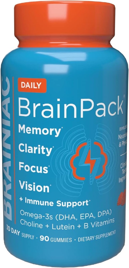 Brainiac Daily BrainPack Gummies, podporuje zdraví mozku s Omega 3 DHA EPA DPA, Cholin, B6 & B12 a Lutein pro oční zdraví s imunitní podporou, Citrus Berry Flavor, 90 ct