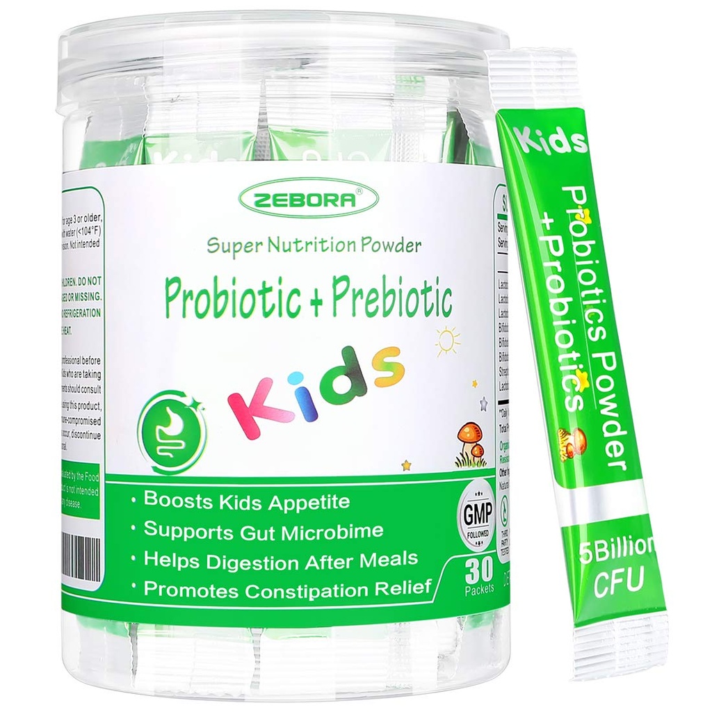 Zebora Děti Probiotika & Prebiotika Powder Age 3 + Podpora Dětské trávicí a imunitní systém s přírodním zdrojem, Promotes Zácpa Relief, Non- GMO, Gluten- Free, 30 Packets s 5 miliard CFU