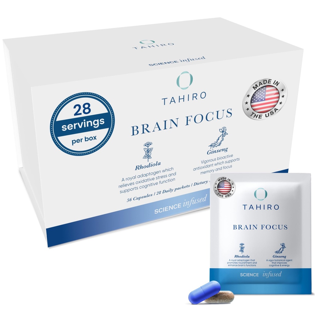 TAHIRO Brain Focus Dodatek - Mozkové doplňky pro paměť a focus - Přírodní Brain Support Dodatek s Gingko Biloba, Panax Ginseng, Bylinné Extrakty - Non- GMO Vegan Brain Booster - 28-Packets