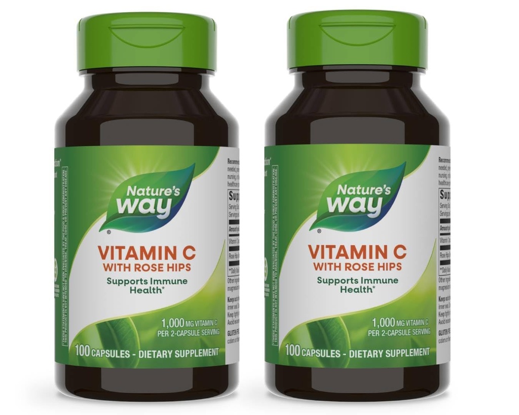 Nature 's Way Vitamin C s Rose HIPS, Výkonná antioxidant a imunitní funkce Podpora od vitaminu C *, Podporuje kolagen pro zdravou pleť *, 100 Kapsle (Balení May Vars) - 2 balení