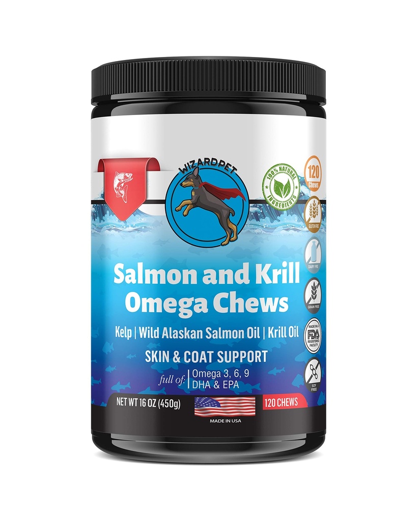 Wild Alaskan Salmon Krill Oil Chews for Dogs - 120 Soft Treats - Omega 3 6 9 Rybí dodatek EPA, DHA pro Itch- Free Skin Coat Joints - Alergie Relief - Redukce vlasů - Made in USA