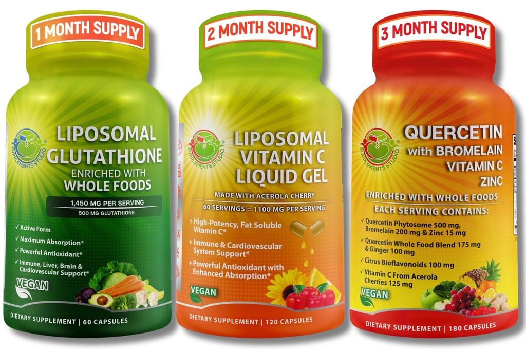 Daily Immunication & Antioxidant Support Bundle - Lipozomální vitamin C 1100mg Lipovomální gel + Lipovomální Glutathion 500 mg + Quercetin s bromelainem, zinkem a celou potravinovou směsí - Non- GMO, maximální absorpce