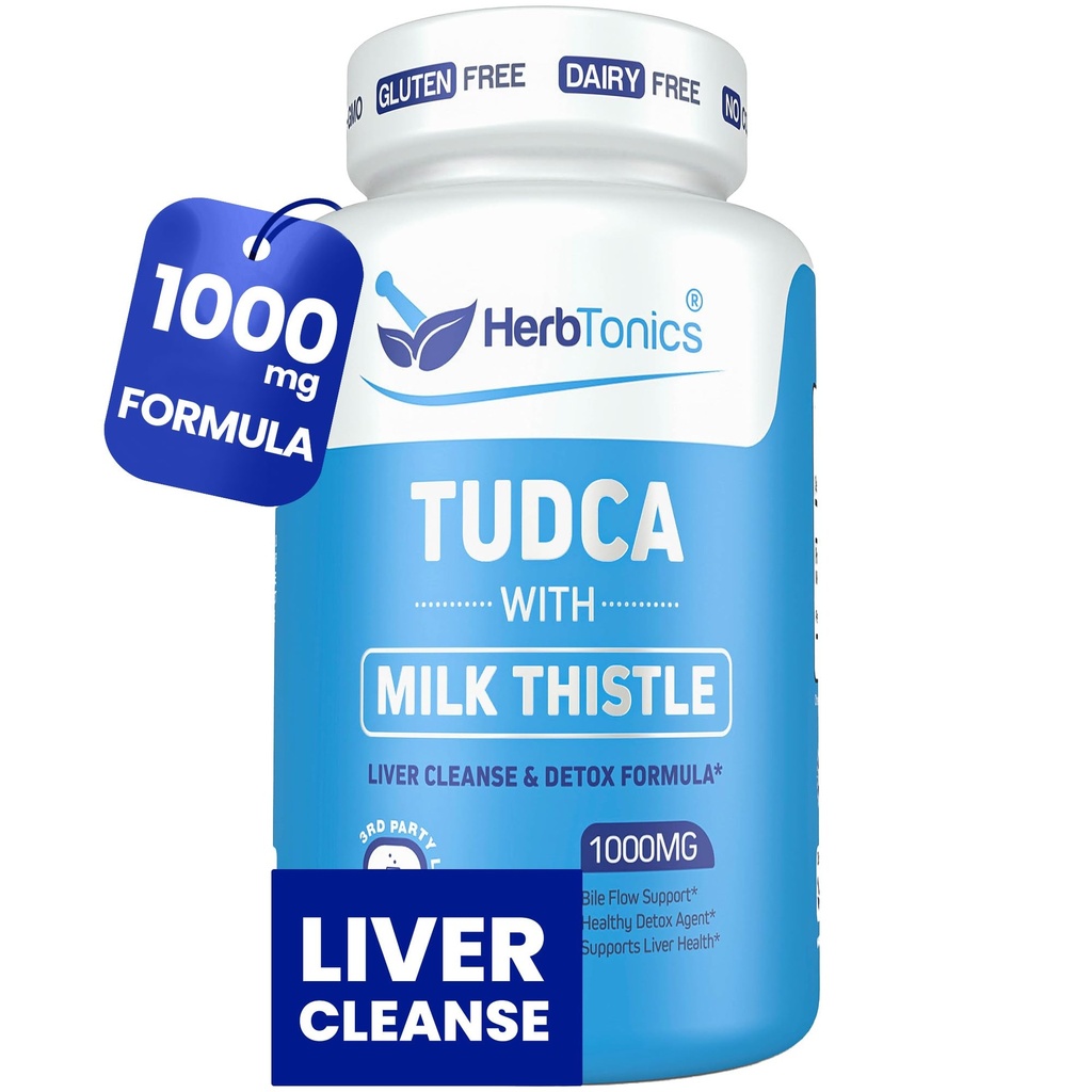 Herbtonics TUDCA 1000mg Játra Detox & žlučník Podpora - Mléko Thistle & Pterostilbene Enhanced Bile Salt pro očištění jater, Zdravý Bile Flow, a stravitelné zdraví (60 Vegan Kapsle)