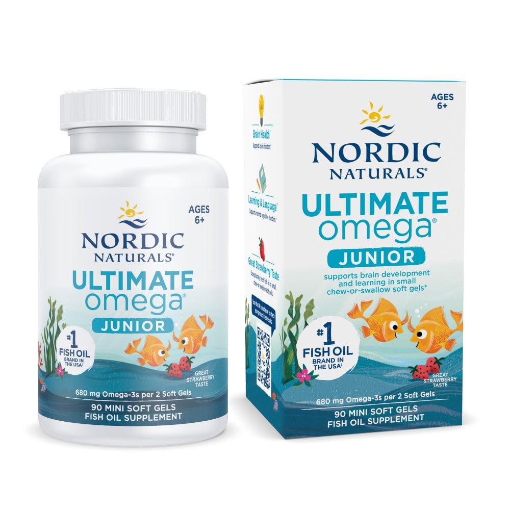 Nordic Naturals Ultimate Omega Jr., Strawberry - 90 Mini Soft Gels - 680 Total Omega-3s with EPA & DHA - Brain Health, Mood, Learning - Non- GMO - 45 Servings