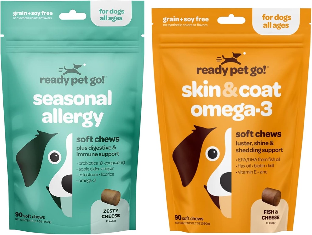 Připravit Pet Go! Omega 3 & Alergie Žvýkání pro psy 124; Probiotika & Alergie Imunitní doplňky pro Itch & Alergie Relief Itch 124; Rybí olej pro psa Shedding, kůže Alergie, Itch Relief 124; 90 Žvýkání Každý