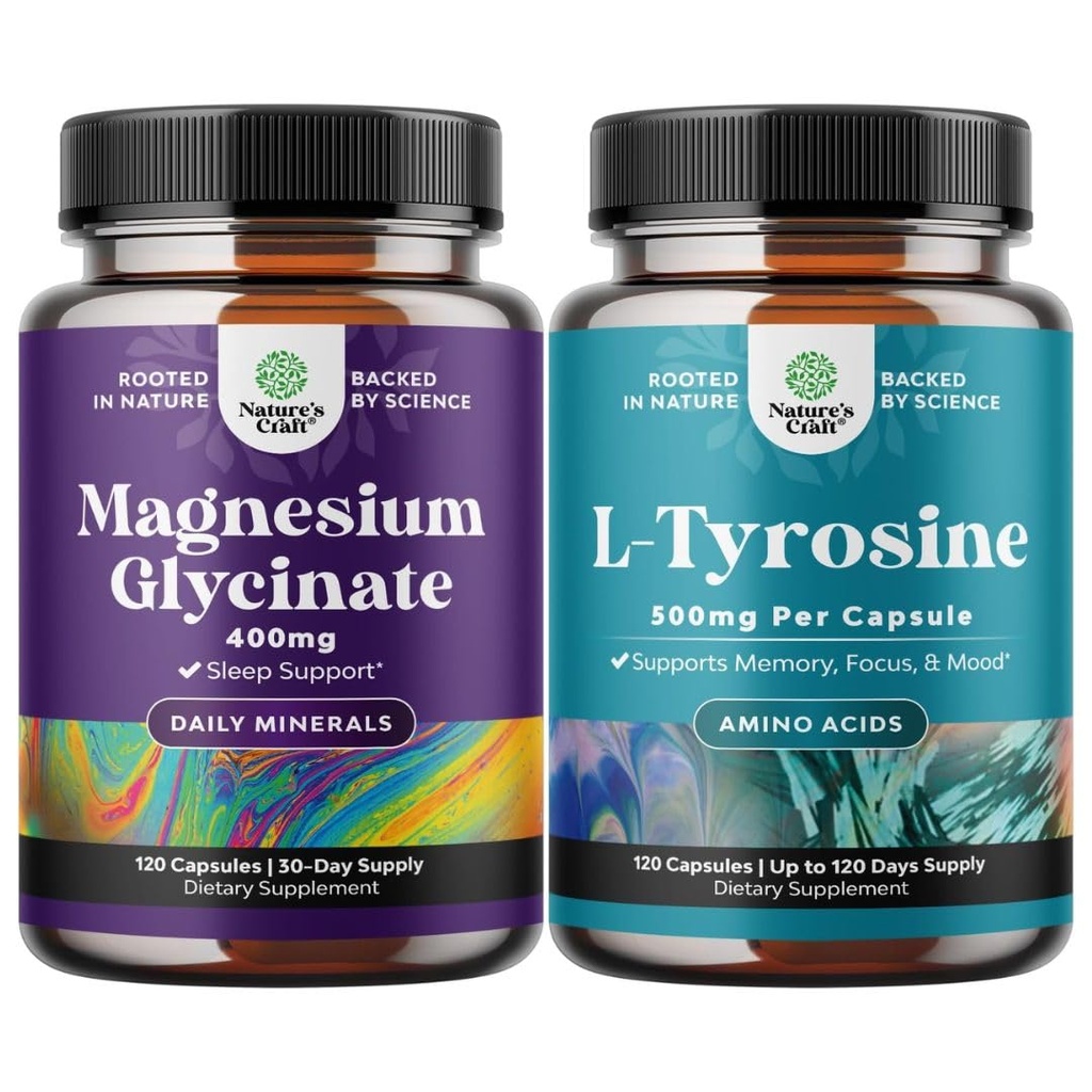 Balení Glycinátu hořečnatého 400mg Kapsle a Potent L Tyrosin 500mg Kapsle - pro podporu spánku Kostní zdraví Muscle Recovery - Amino kyselina Nutriční dodatek pro Brain Health Tyrosin Podpora