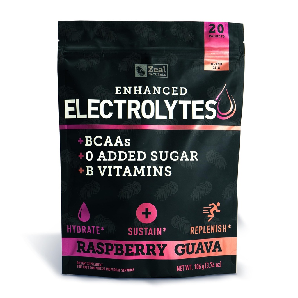 Vylepšené Electrolyte Powder Stick Packs (Raspberry Guava current 124; 20 Packets) w / 0 Cukr + BCAA + B-Vitamíny Electrolyte Supplement w Draslík Zinek a hořčík pro hydrataci - Keto Electrolytes