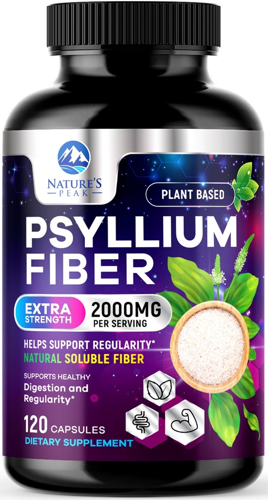 Psylium Husk Fiber Supplement 1500mg - Vegan Prebiotic, Soluble Fiber for Daily Digestive Health & Regularity Support, Natural Psylium Powder Caps, Sugar- Free, Non- GMO & Gluten- Free - 120 Kapsle