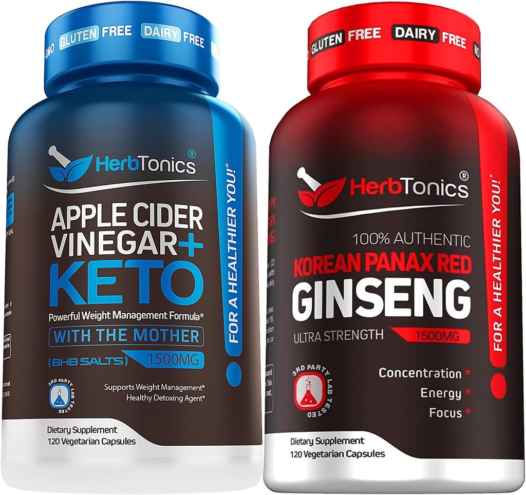 Herbtonika Apple Cider Ocet Kapsle Plus Keto BHB Duplica124; Tuk Burner & Weight Loss Dodatek pro ženy a muže - Velká síla Ginseng Korean Red Panax Extract - Podpora výkonu pro muže a ženy