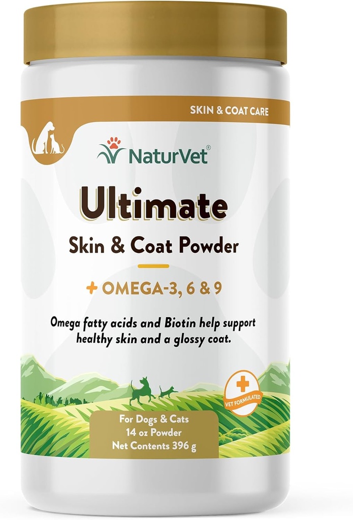 NaturVet Ultimate Skin and Coat Powder Plus Omega 3, 6 a 9 dodatek pro psy a kočky, Powder, Made in The USA with Globally Source Ingredients 14 Ounce