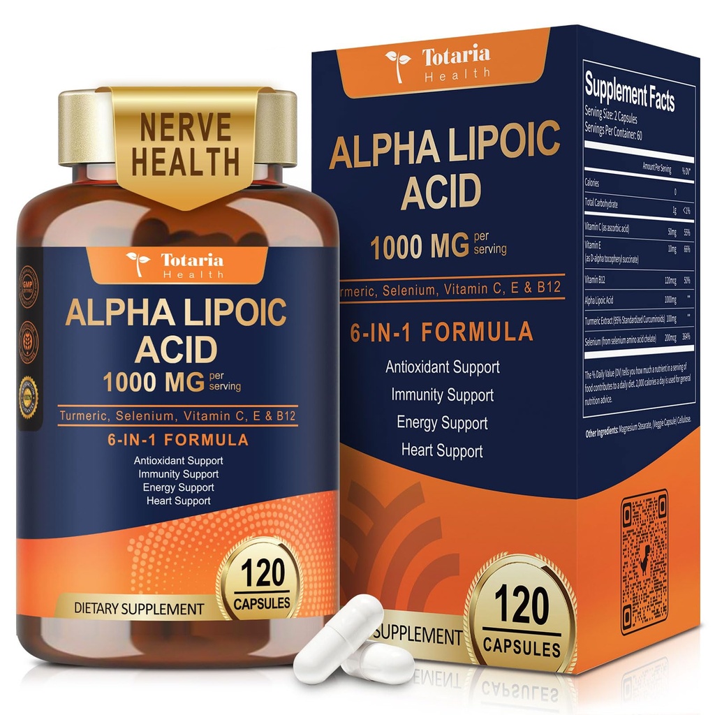 Totaria Alpha Lipoic Acid 1000mg - ALA doplněk antioxidant pro neuropatii podporu nervové zdraví, jaterní detox, antioxidant, metabolismus a buněčná energie, anti- aging - Non- GMO, gluten zdarma, Vegan Safe