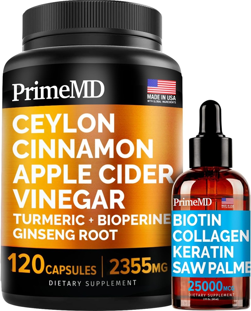 4- in-1 Liquid Biotin Kolagen Keratin Saw Palmetto Drops (2 fl oz - 1 Pack) & 5- in-1 Cejlon Skořice w Turmeric & Ginseng Root (120ct) Bundle - Vlasy, kůže, nehty, a imunitní doplněk podpory