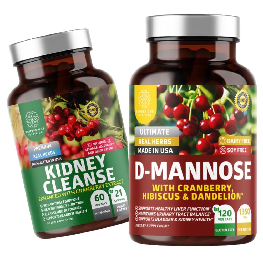 Number One Nutrition N1N Premium D-Mannose [1350mg] with Cranberry & Hibiscus and Ledney Cleanse [21 Potent Byliny] with Cranberry Extract, Astragalus, Uva Ursi, 2 Pack Bundle