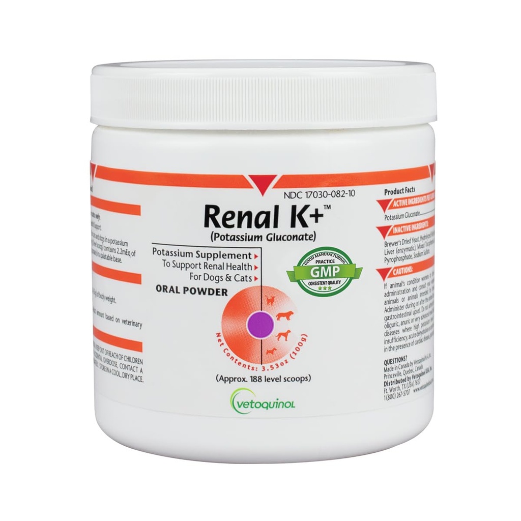 Vetochinol Renal K + (draslík glukonát) Draslík Suppendix prášek pro psy a kočky, 3.5oz