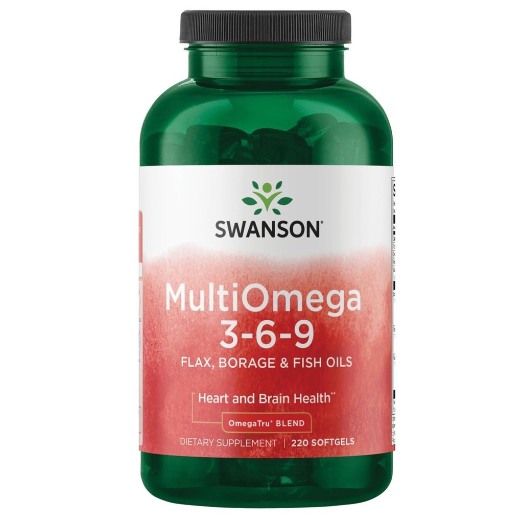 Swanson MultiOmega 3-6-9 - Non- GMO Flax, Borage & Fish Oil Kapsle - Základní mastné kyseliny podporující kardiovaskulární zdraví a zdraví mozku - (220 Softgels, 2400mg Serving)