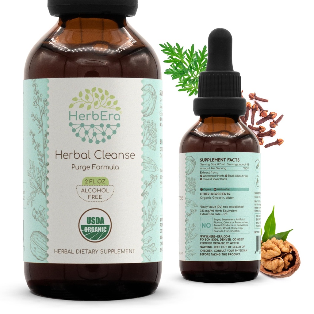 HerbEra Herbal Cleanse Organic Alcohol- Free tinktura current 124; Detox a Cleanse Formule, Extract Supplement Curmwood Herb, Black Walnut Hull, Cloves Flower Buds Current 124; Purge Extract (2 fl oz)