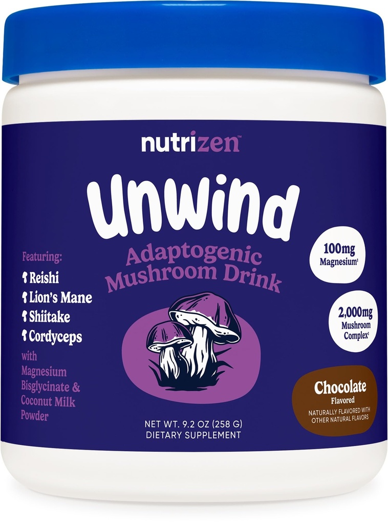 Nutricost Nutricost Nutriczen PM Unwind Adaptogenic Houbový nápoj (čokoládová ochucená) 30 Servings - zahrnuje Reishi, Lion 's Mane, Shiitake, Cordyceps