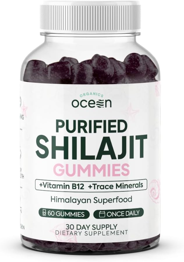 Organics Ocean Shilajit pro muže a ženy - přírodní doplněk s vitaminem B12, chromem a seleniem pro age- vzpírání, energie, Hormonální podpora a další - 60 Shilajit Gummies