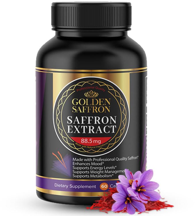 Golden Saffron Saffron Extract Kapsle - Premium Saffron doplňky - 88.50 mg Čisté Saffron pilulky - Podpora mood - Podpora očí - Emocionální bilance, Focus & Eye Health Made in USA - 60 Kapsle