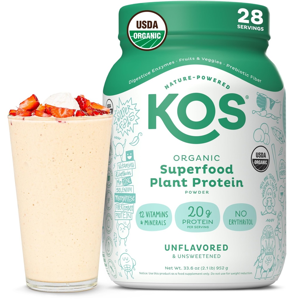Kos Vegan Protein Powder, Neochucené a neslazené - Nízké sacharidy Pea Protein Blend, Organic Superfood Bohaté na vitamíny a minerály - Keto, Soy, mléčné výrobky zdarma - Jídelní náhrady pro ženy a muže - 28 Služeb