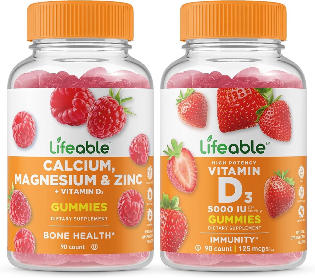 Živé vápníku, hořčíku, zinku a vitaminu D + vitaminu D 5000 IU, Gummies Bundle - Great Ochutnávání, dodatek k vitamínu, gluten zdarma, GMO zdarma, žvýkací
