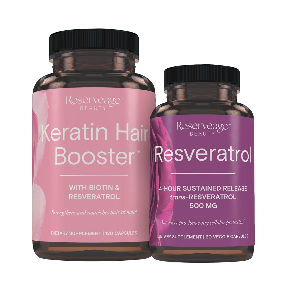 Rezervace Nutrition Keratin vlasový booster s Biotin & Resveratrol, Vlasy a hřebíky doplněk růstu, 120 Kapsle (60 Služeb) & Resveratrol 500 mg, podporuje zdravé stárnutí a imunitní systém