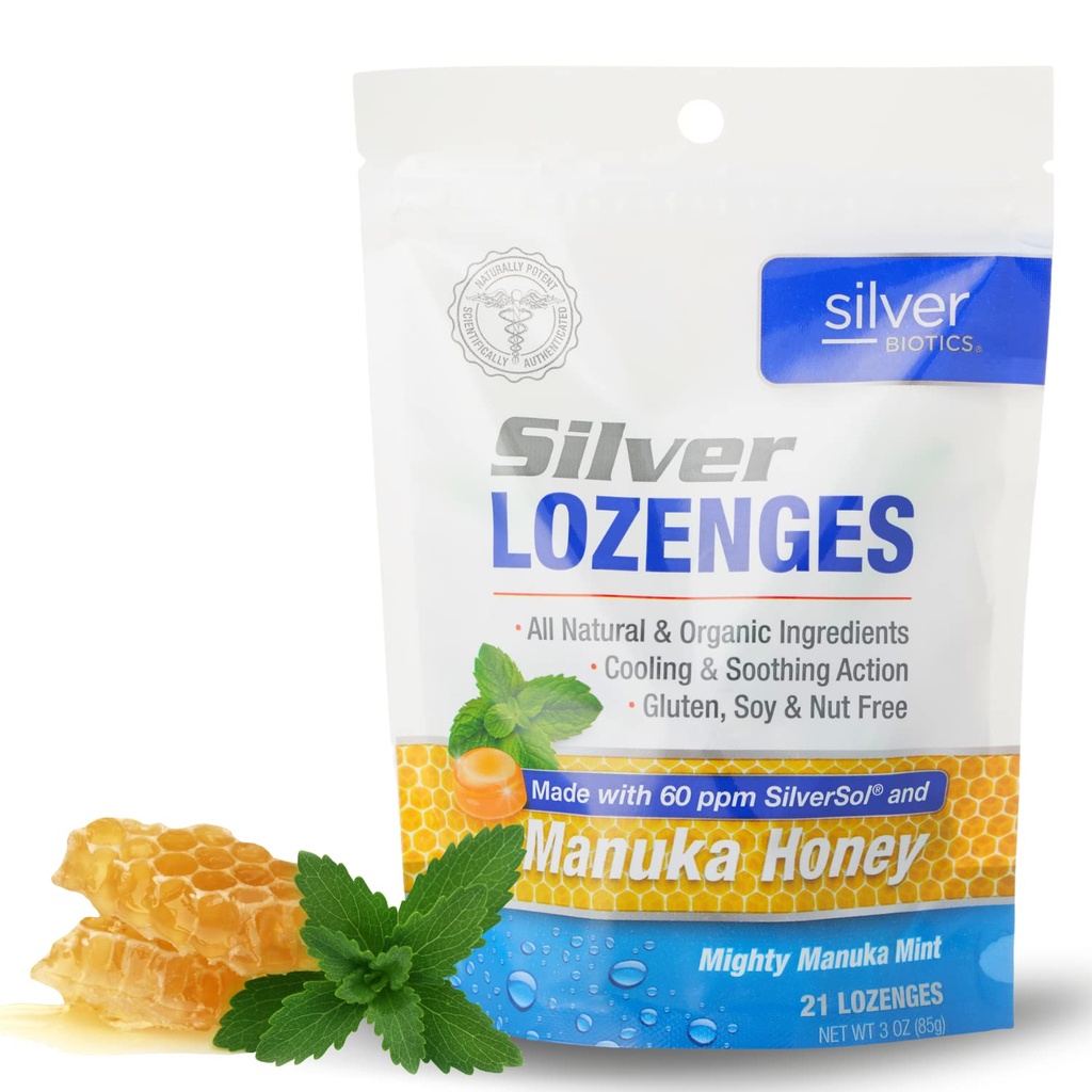 Silver Biotics Koloidní SILver Lozenges CLAS124; 60 PPM Ag CLASSUO SilverSol CLAS124; Imunitní podpora + Throat Soothing Lozenges CLAS124; Manuka Honey CLAS124; 21 Count