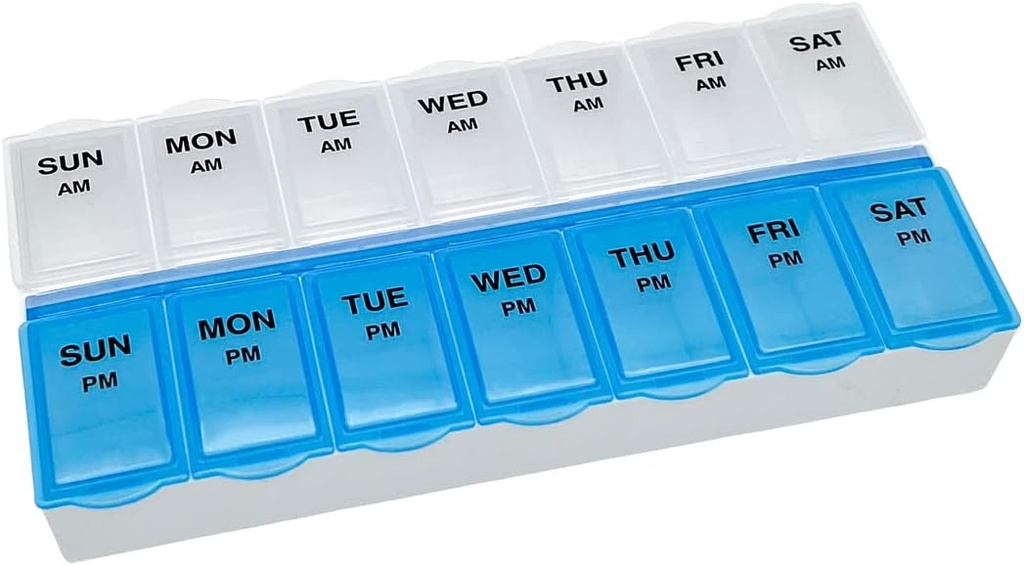 Základní péče (7- den) AM / PM Pořadatel pilulek, Vitamin Case, A Medicine Box, Velké kompartmenty, 2 krát denně, Blue and Clear Lids