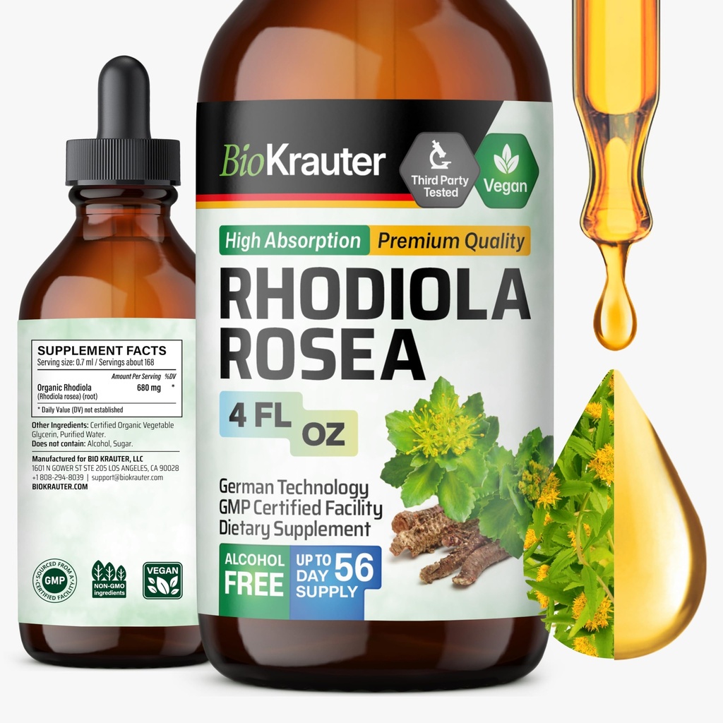 BIO KRAUTER Rhodiola Supplement Liquid - Pure Rhoddiola Rosea Tincture for Calmness Support - Alkohol & Sugar Free Extract - 4 Fl.Oz.