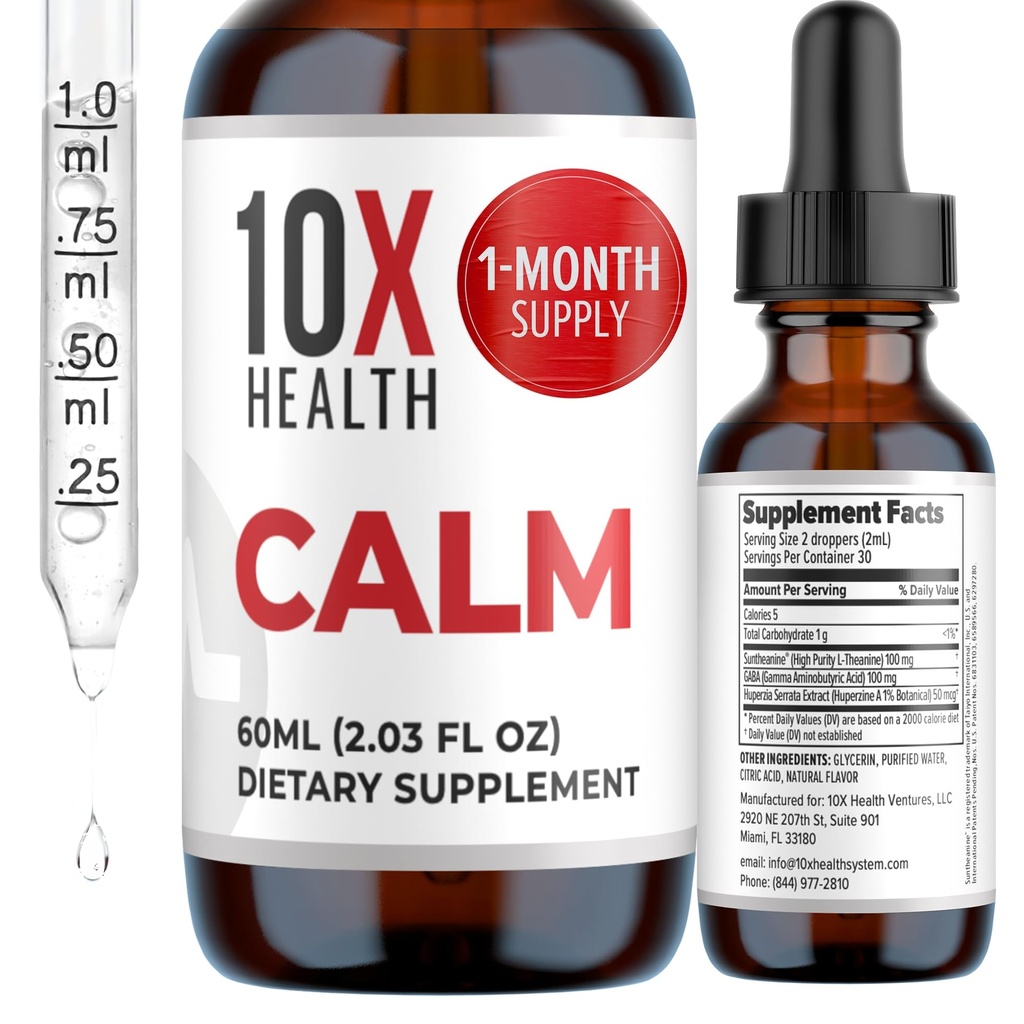 10X Zdravotní klid L Theanine dodatek Liquid Drops - 100mg L 'Theanine Drops & 100mg GABA doplňky na podporu nervů, klid a stres - přírodní příchuť 2.03 Fl oz.