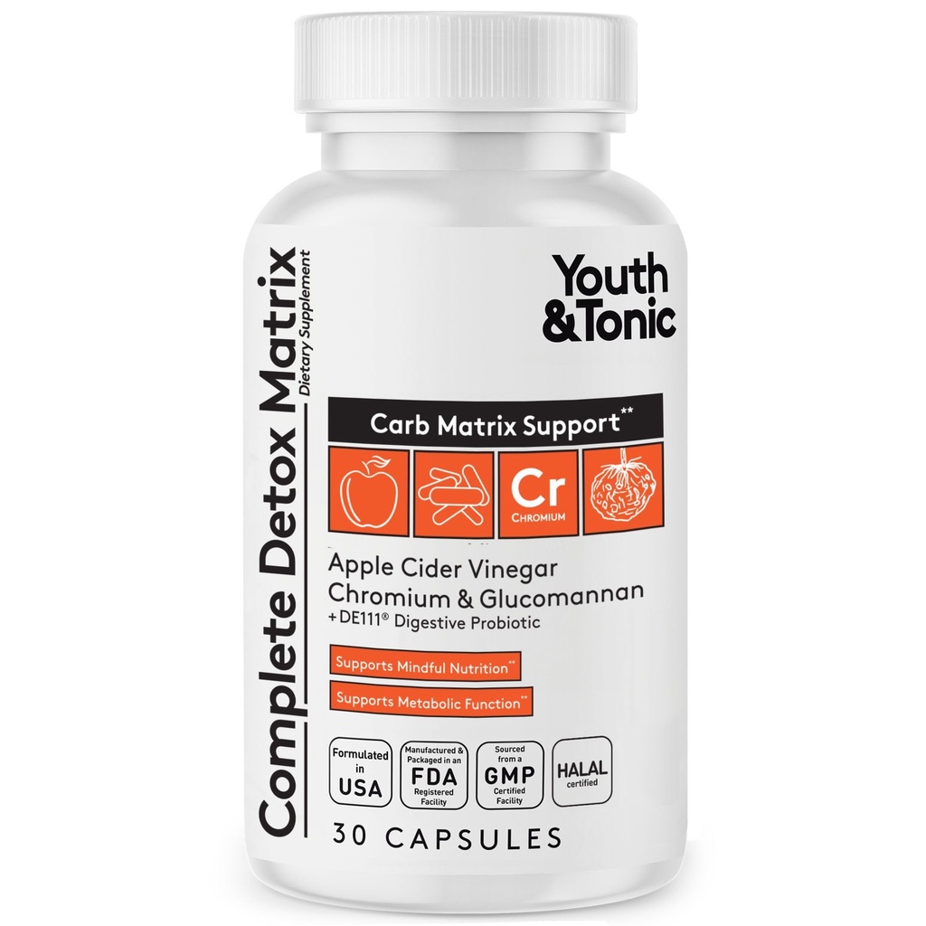 Mládež & Tonic Vyvážené detox pilulky jako kompletní Gut Cleanse & Carb Matrix podpora s ACV, Glucomannan, Chrom pro Detoxing těla a stravitelné zdraví, dodatek pro muže a ženy, Third-Party Tested