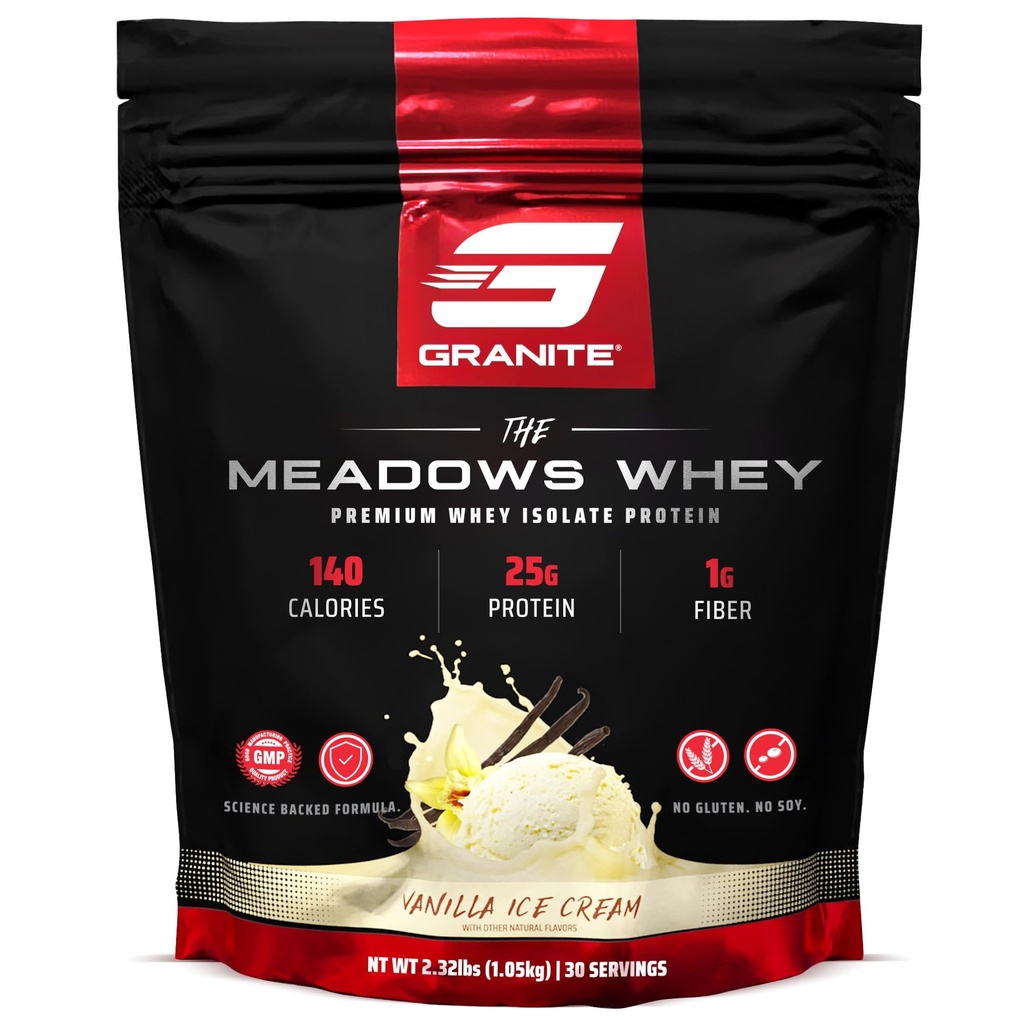 Supplies The Meadows Whey Protein Isolate Protein Powder for Lean Muscle with 150 Calories, 2g Fiber, 1g Sugar (30 Serings), Vanilla Ice Cream Flavor