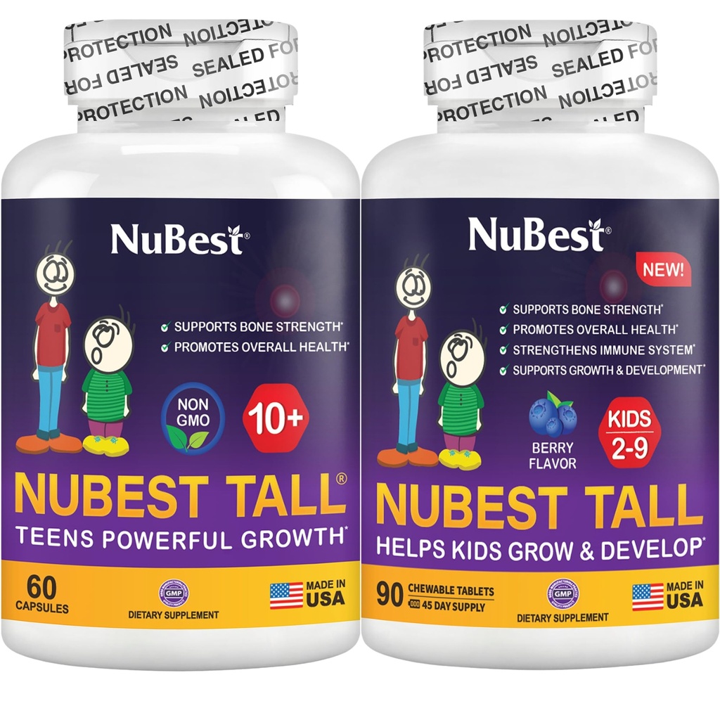 NuBest Bundle Tall 10 + 60 Kapsle Vysoké děti 90 Žvýkací tablety 124; Výška Podpora růstu pro děti & dospívající 124; Vápník, Vitamíny D3 K2, Kolagen & Bylinné směsi