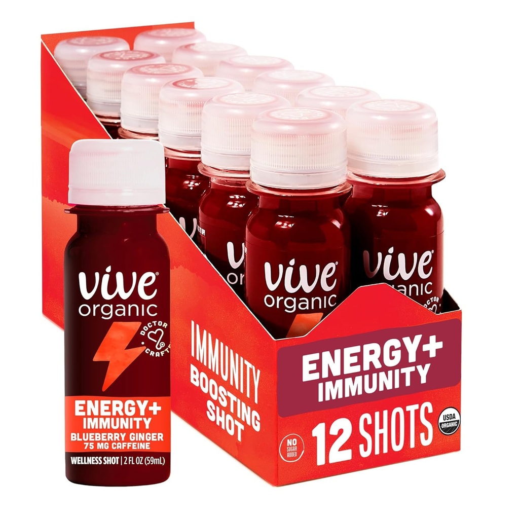 Vive Organic Energy Shot + imunitní podpora, imunitní obrana s Ashwagandha, zelený čaj & kofein, gluten zdarma, Vegan, Energy and Focus, 2 Fl Oz (balení po 12)