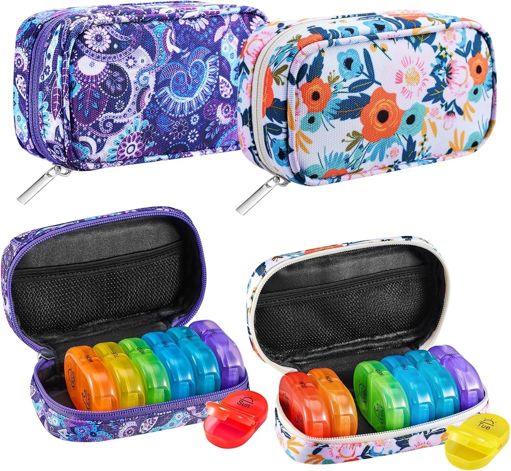 Serfeymi Weekly Travel Pill Organizátor 2 krát denně PM Rainbow Pill Box 7 Day with Zipper Canvas Pill Case, Medicine Organizátor pro pilulky, Vitamíny, Fish Oils - Purple 01 + Bloom 01