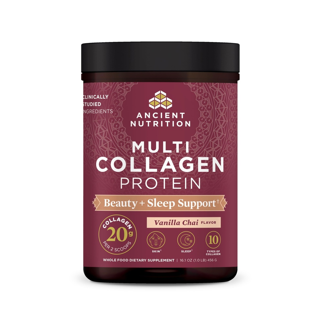 Starověká výživa kolagen prášek protein, Multi kolagen protein krása + spánek s vitamínem C, Vanilla Chai, Hydrolyzované kolagen Peptides podporuje pleť a nehty, spánek, 16.1oz