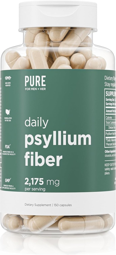 Denní Psylium Husk Fiber dodatek Pure for Men & Pure for Her Supplication 124; Digestive Regularity & Gut Health Support PHAR124; Soluble Fiber Powder, 2,175mg Per Serving PHAR124; 150 Kapsle
