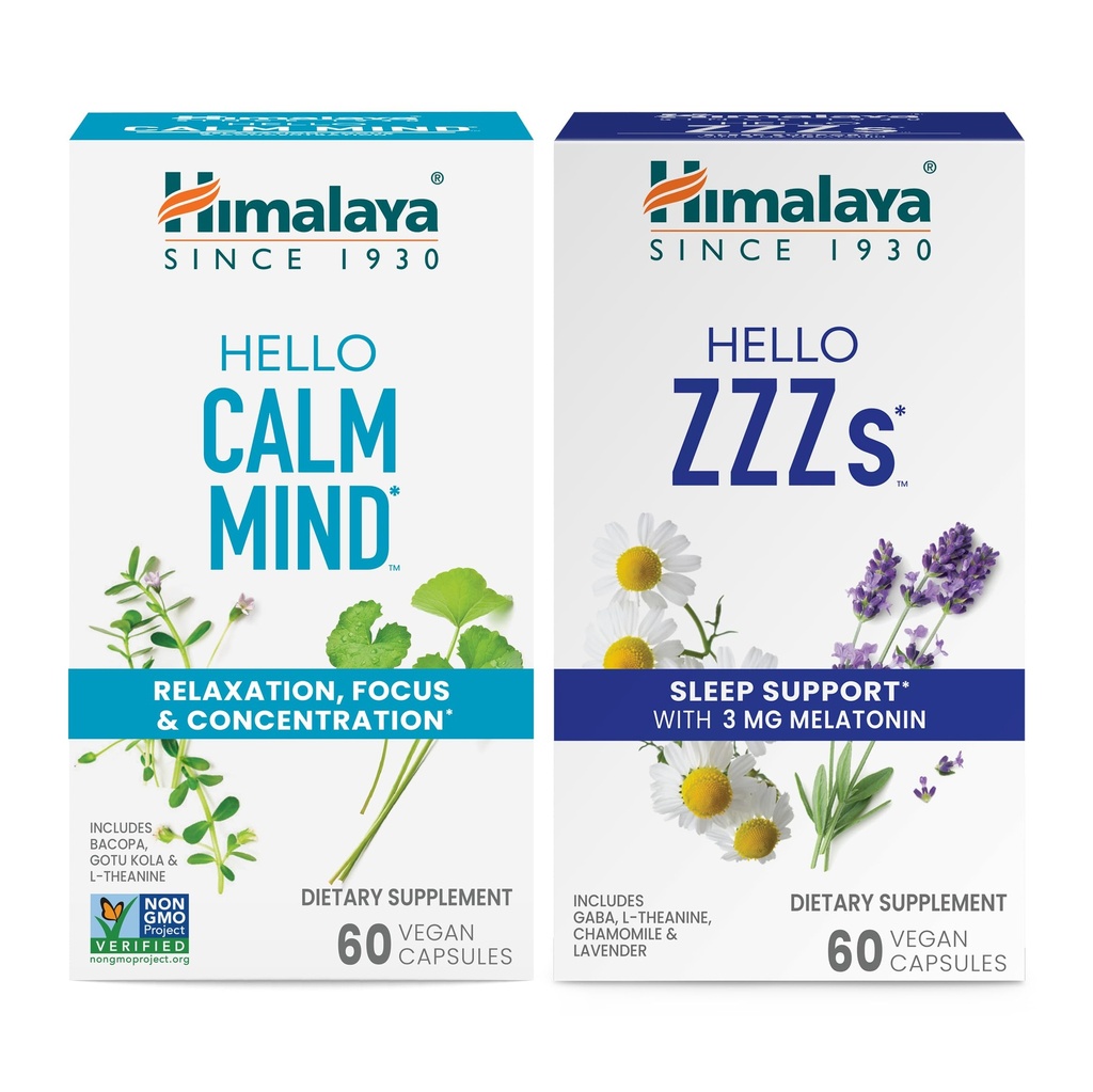 Himalaya Hello Klid Mysl s Bacopa pro relaxaci, soustředění a soustředění & Hello ZZZ s melatonin pro podporu spánku, 60 Kapsle Každý - Bundle