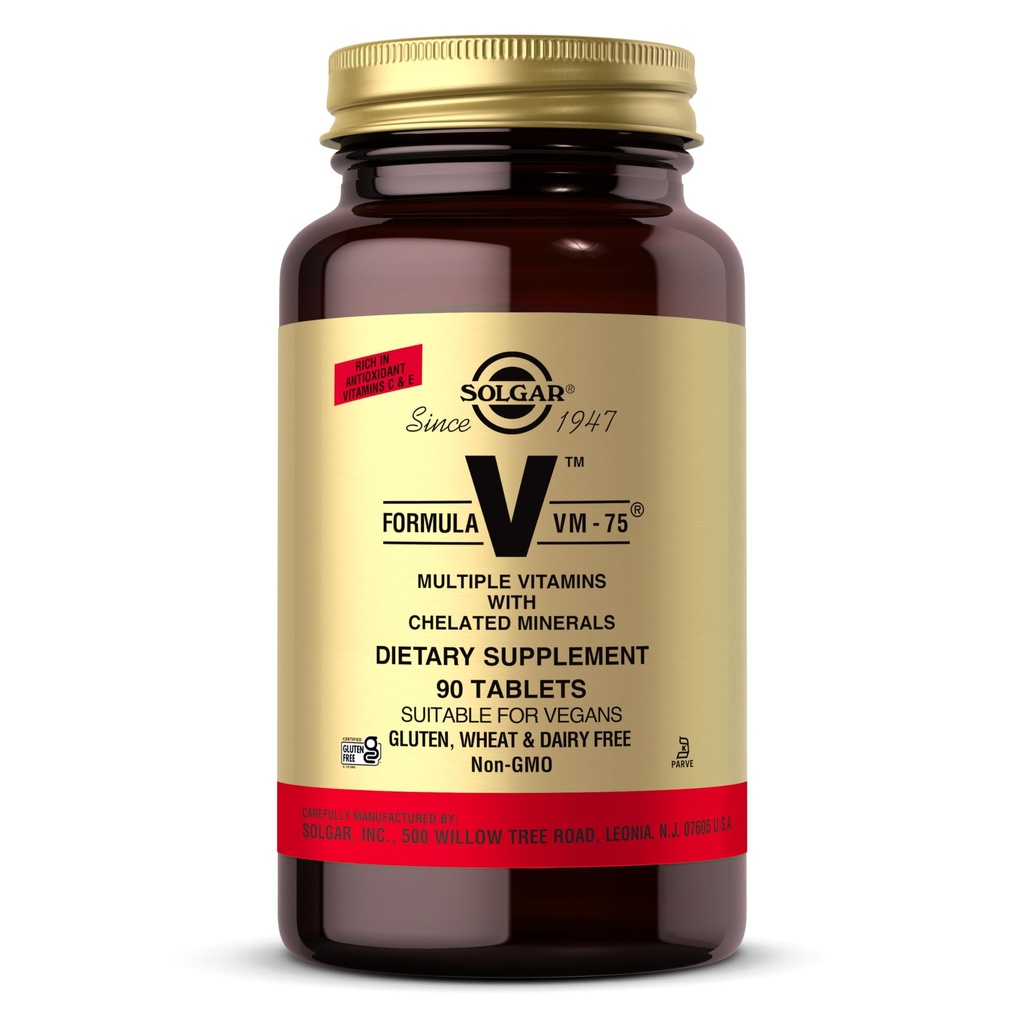 Solgar Formule VM-75, 90 Tablety - Multivitamin s chelatovanými minerály - Vitamin A, B6, B12, C, D, E - Biotin, hořčík, vápník, železo, zinek - Vegan, Gluten zdarma, mlékárny zdarma, Kosher - 90 Služeb