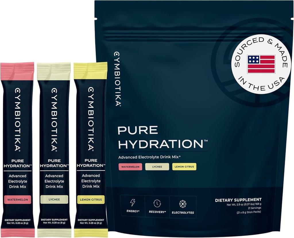 CYMBIOTIKA Čistá hydratace Electrolytes Powder Drink Mix s vitaminem C & Magnesium, Keto Friendly Electrolyte Hydration Packets, Variety Pack, Lemon, Lychee & Watermeloun, 7 Každý, 21 Stick Packets