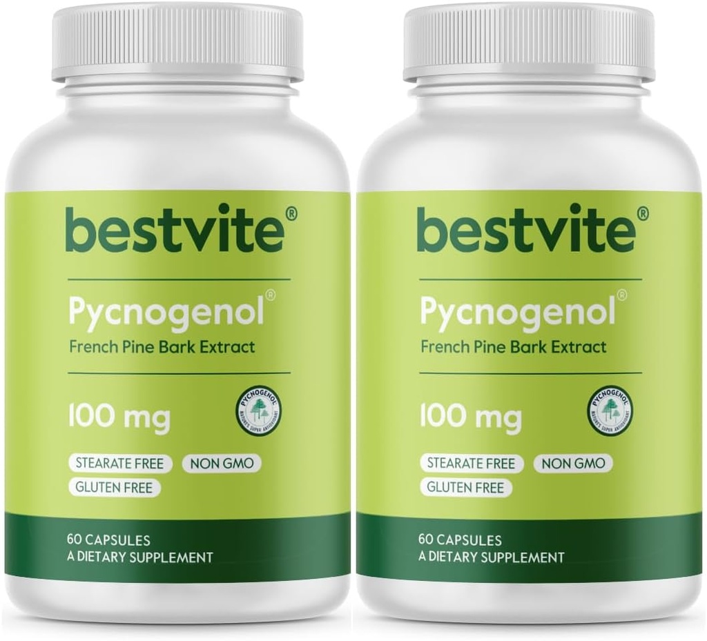 BESTVITE Pycnogenol 100mg (120 Kapsle) (60x2) - Francouzský námořní Pine Bark Extract - No Stearates - Gluten Free - Non GMO