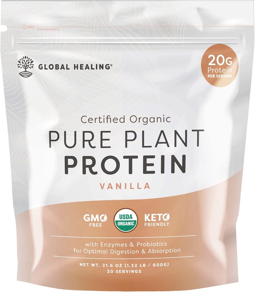 Globální hojení Vegan Vanilla, Plant Based Protein Powder for Women & Men, Organic, strava náhrada (20 Služeb, 20g bílkovin)